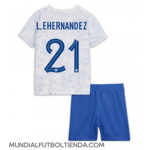 Camiseta Francia Lucas Hernandez #21 Segunda Equipación Replica Mundial 2022 para niños mangas cortas (+ Pantalones cortos)